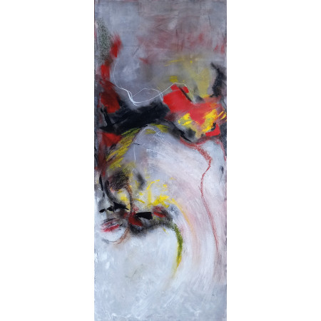 Attempted escape. Modern abstract red gray painting on canvas with yellow elements